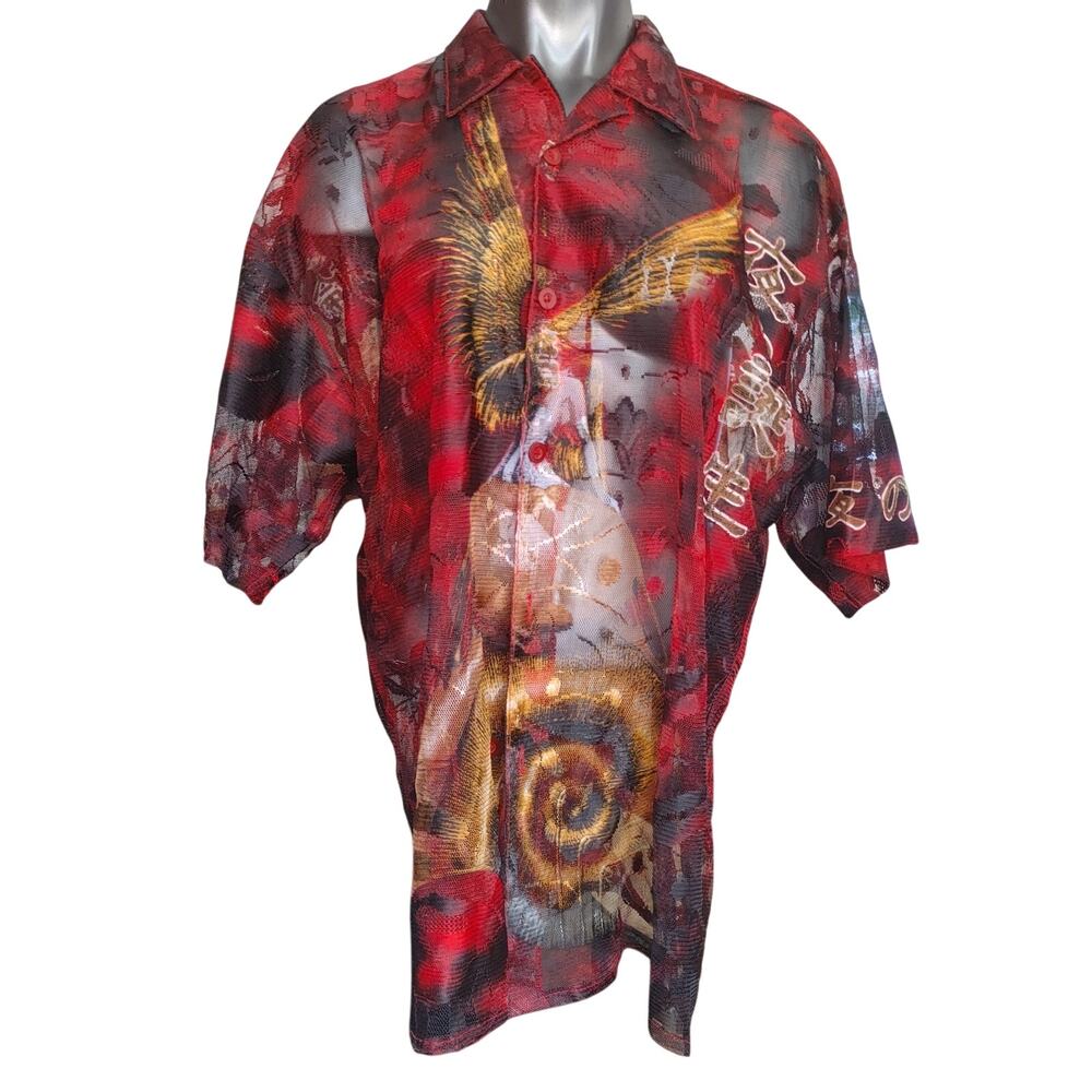Regal Wear Men's LG Red/Black/Yellow Mesh Button Down Abstract Print Shirt